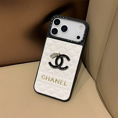 Chanel-inspired quilted iPhone case with contrast camera surround, white