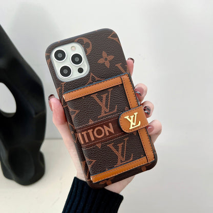 Embroidered wallet card holder phone case, brown
