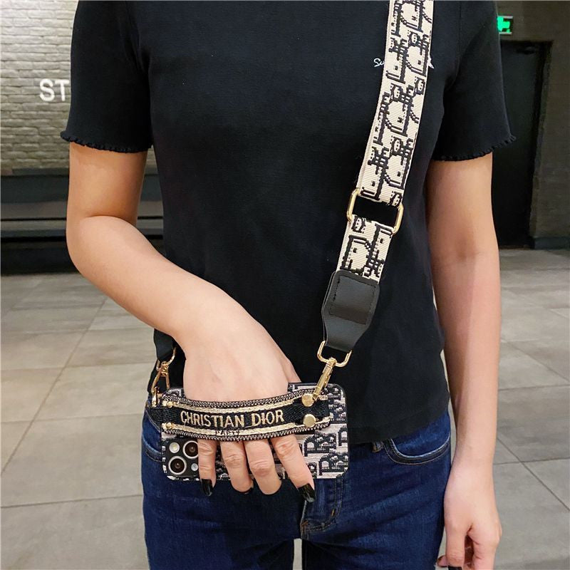 Dior-inspired patterned iPhone 13 case with strap