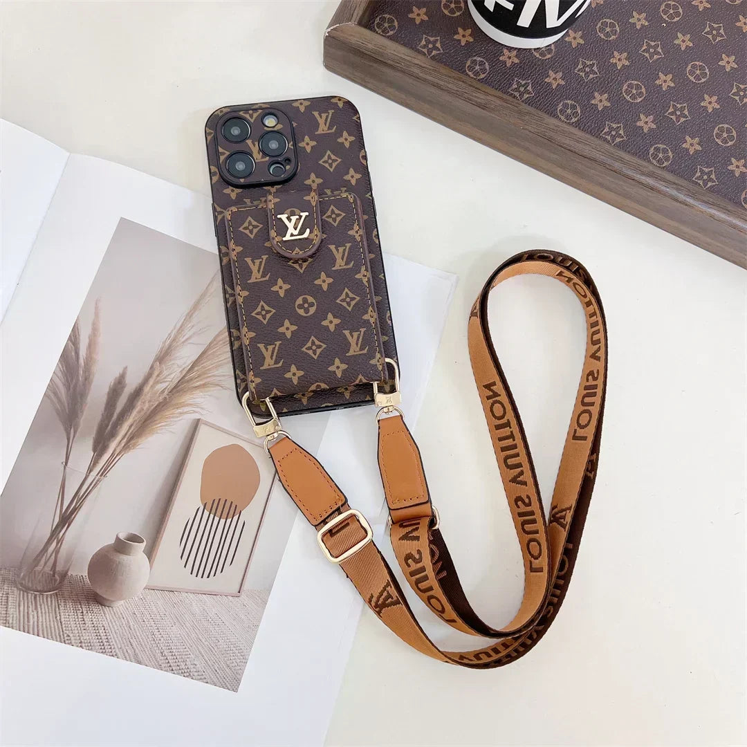 Louis Vuitton-inspired phone monogram case with strap for iPhone 17 / 16 / 15 / 14, brown small monogram