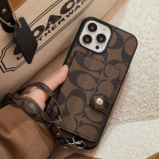 Coach-inspired card bag leather chain iPhone case, brown