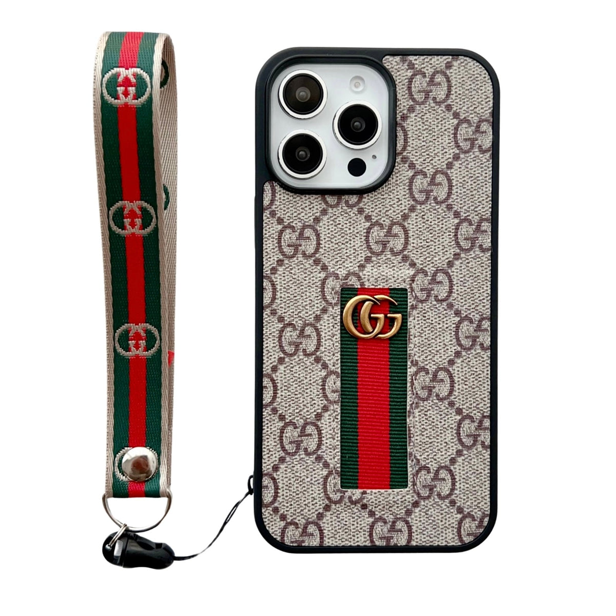 Gucci-inspired monogram phone case with detachable strap, beige