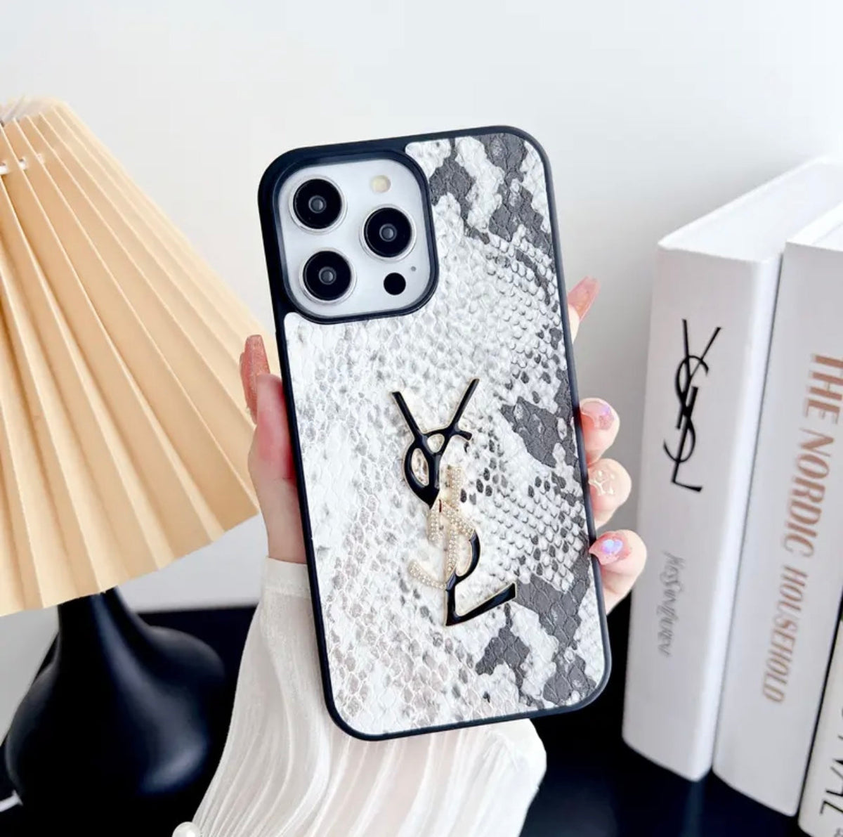 YSL-inspired pastel textured iPhone case with raised emblem