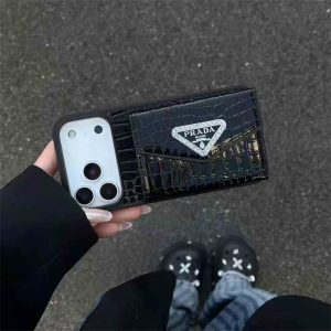 Prada-inspired elegant apple phone case with card holder for iPhone 17 / 16 / 15 / 14