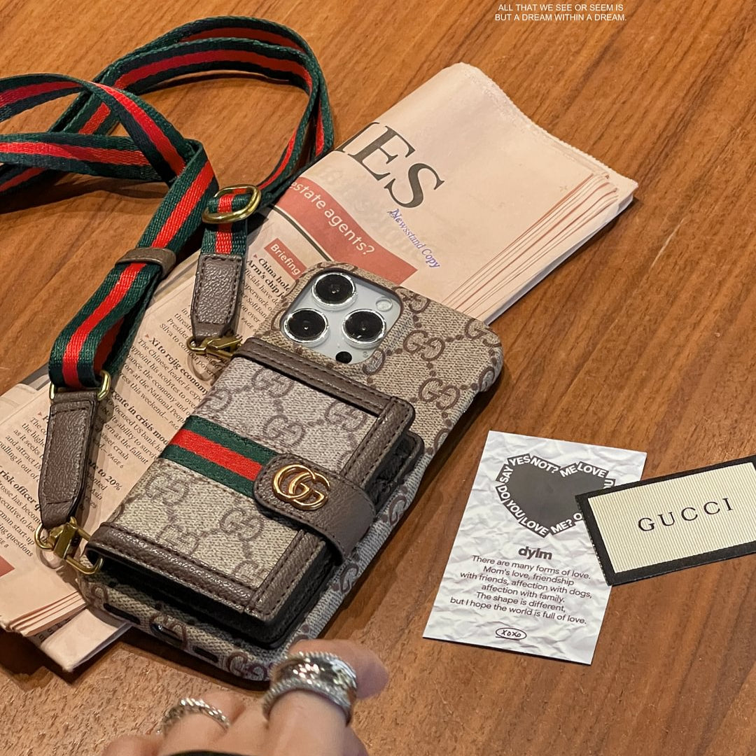 Gucci-inspired leather wallet crossbody iPhone case