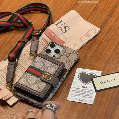 Gucci-inspired leather wallet crossbody iPhone case