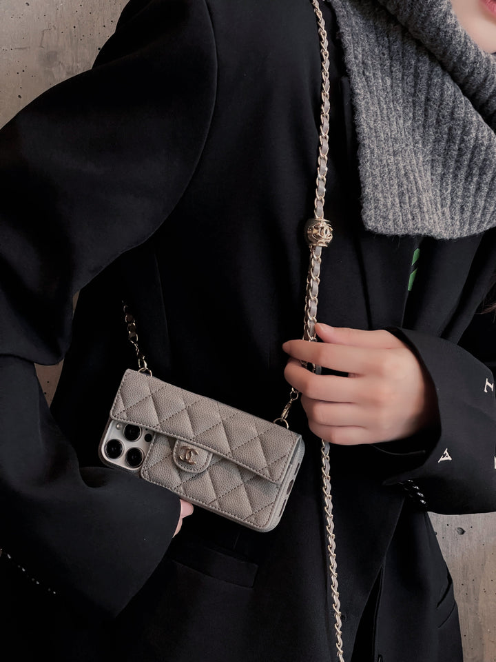 Chanel-inspired wallet crossbody chain iPhone case