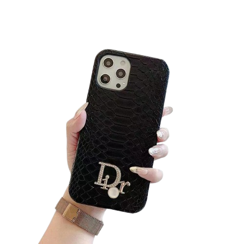 Dior-inspired snake texture iPhone case with emblem detail