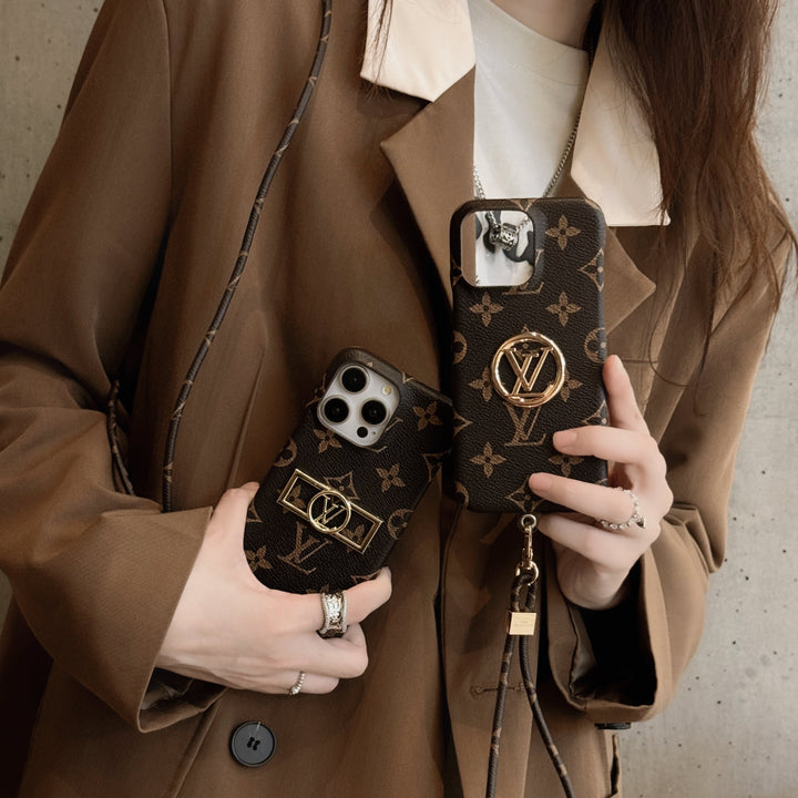 Louis Vuitton-inspired monogram iPhone case with crossbody strap