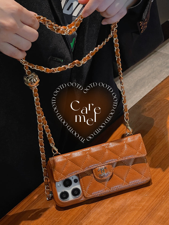 Chanel-inspired wallet crossbody chain iPhone case