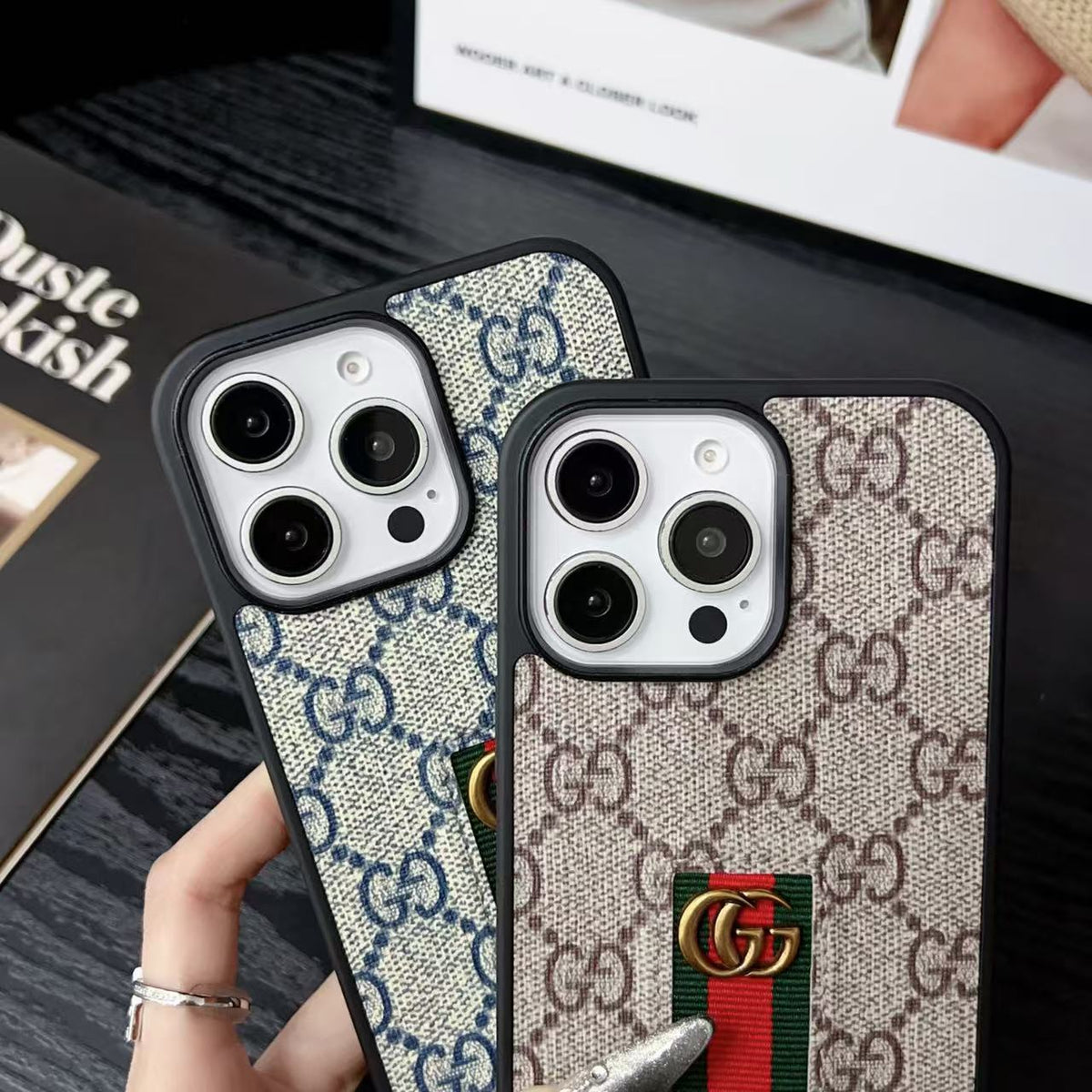 Gucci-inspired iPhone case with hand strap