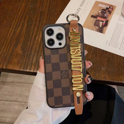 Louis Vuitton-inspired checkered iPhone 17 Pro case with hand strap