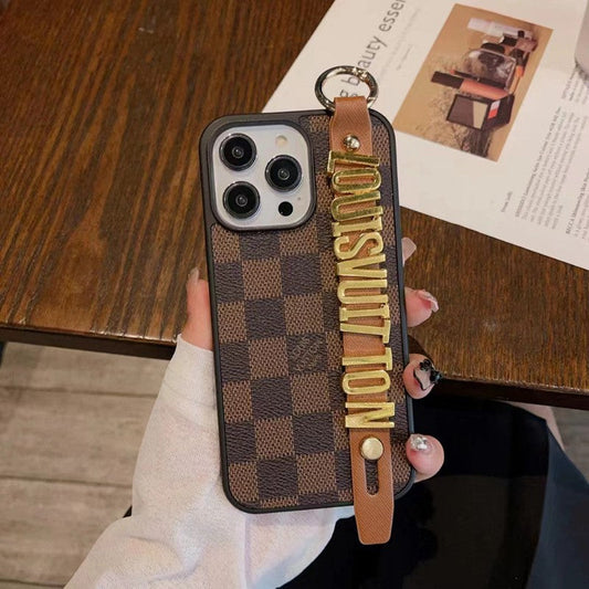Louis Vuitton-inspired checkered iPhone 17 Pro case with hand strap