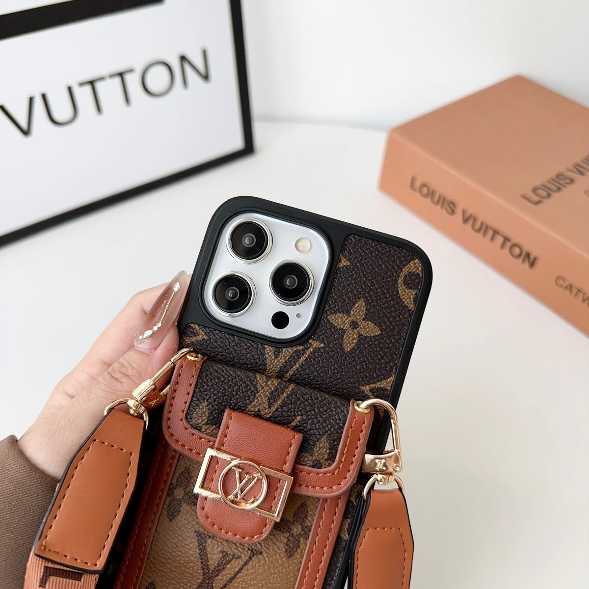 Louis Vuitton-inspired leather monogram crossbody iPhone case