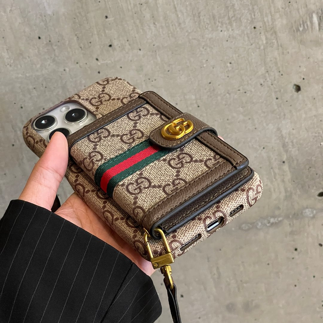 Gucci-inspired leather wallet crossbody iPhone case