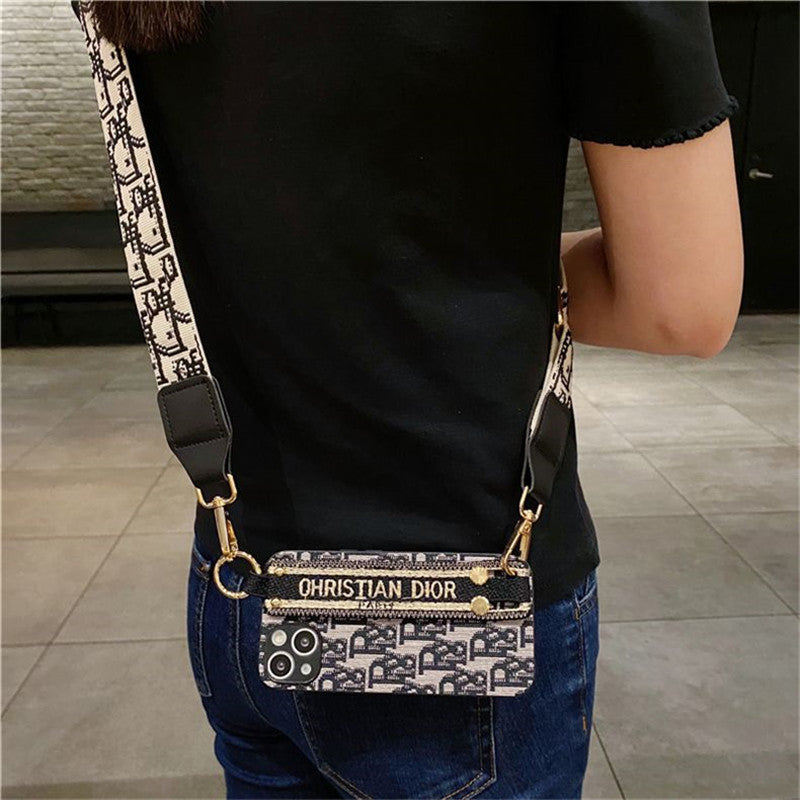 Dior-inspired patterned iPhone 13 case with strap