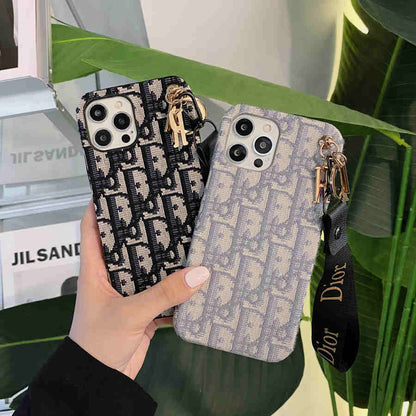 Dior-inspired all-over pattern phone case with hand strap