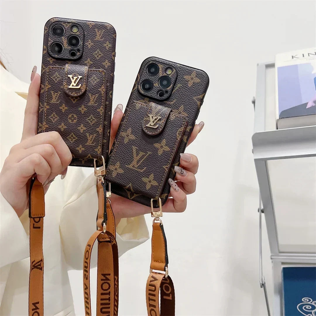 Louis Vuitton-inspired phone monogram case with strap for iPhone 17 / 16 / 15 / 14