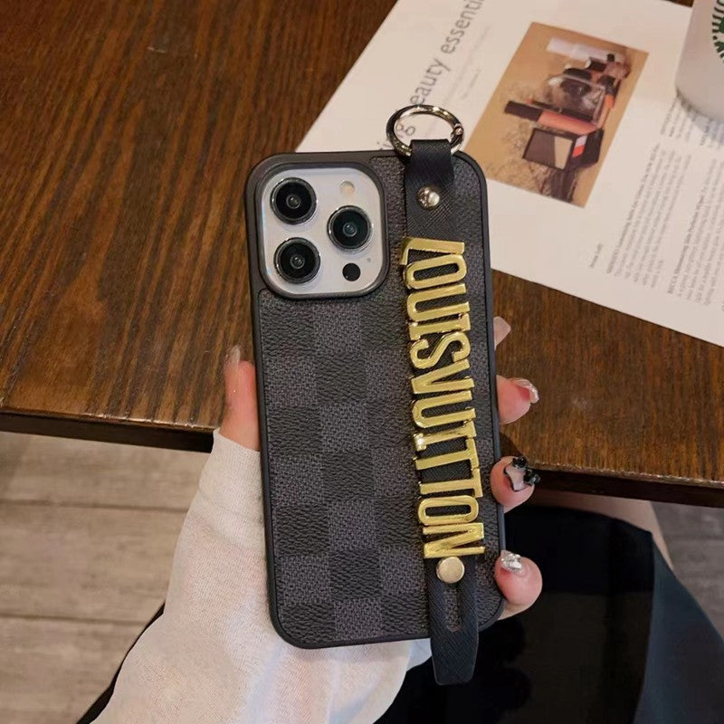 Louis Vuitton-inspired checkered iPhone 17 Pro case with hand strap