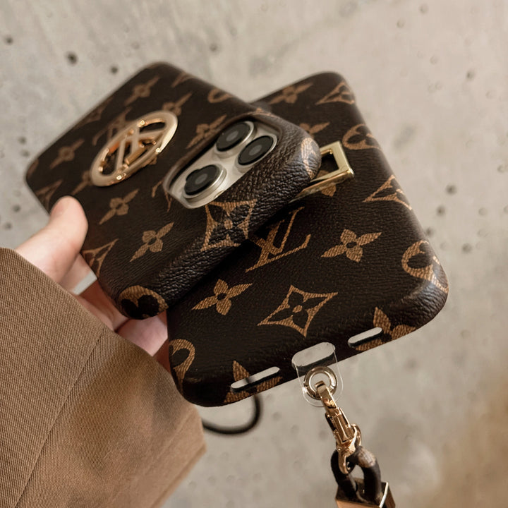 Louis Vuitton-inspired monogram iPhone case with crossbody strap