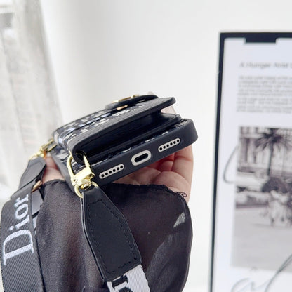 Dior-inspired leather iPhone case with card wallet and strap for iPhone 17 / 16 / 15 / 14