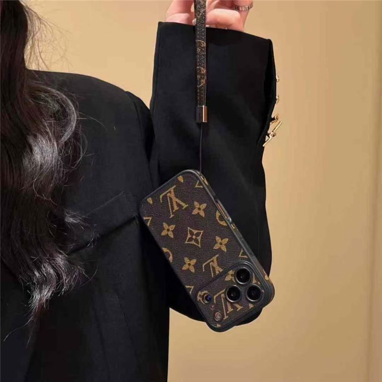 Louis Vuitton-inspired phone monogram case with strap for iPhone 17 / 16 / 15 / 14, brown