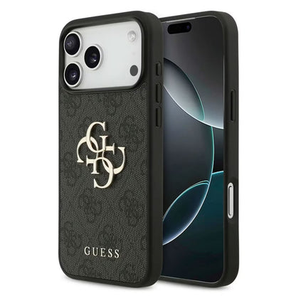 Guess-inspired monogram iPhone case with metal detail, black