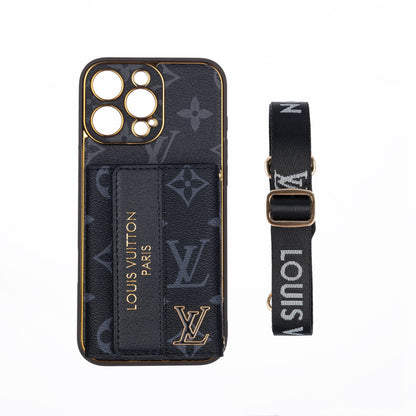Louis Vuitton-inspired leather iPhone case with card holder and strap