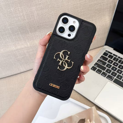 Guess-inspired monogram iPhone case with gold-tone detail, black