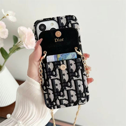 Dior-inspired women's iPhone case with card holder and chain
