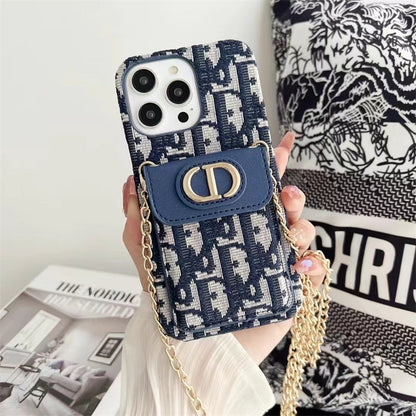 Dior-inspired women's iPhone case with card holder and chain, blue