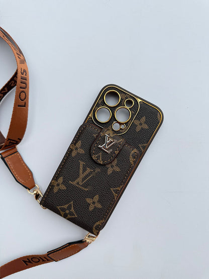 Louis Vuitton-inspired brown iPhone case with wallet card and strap