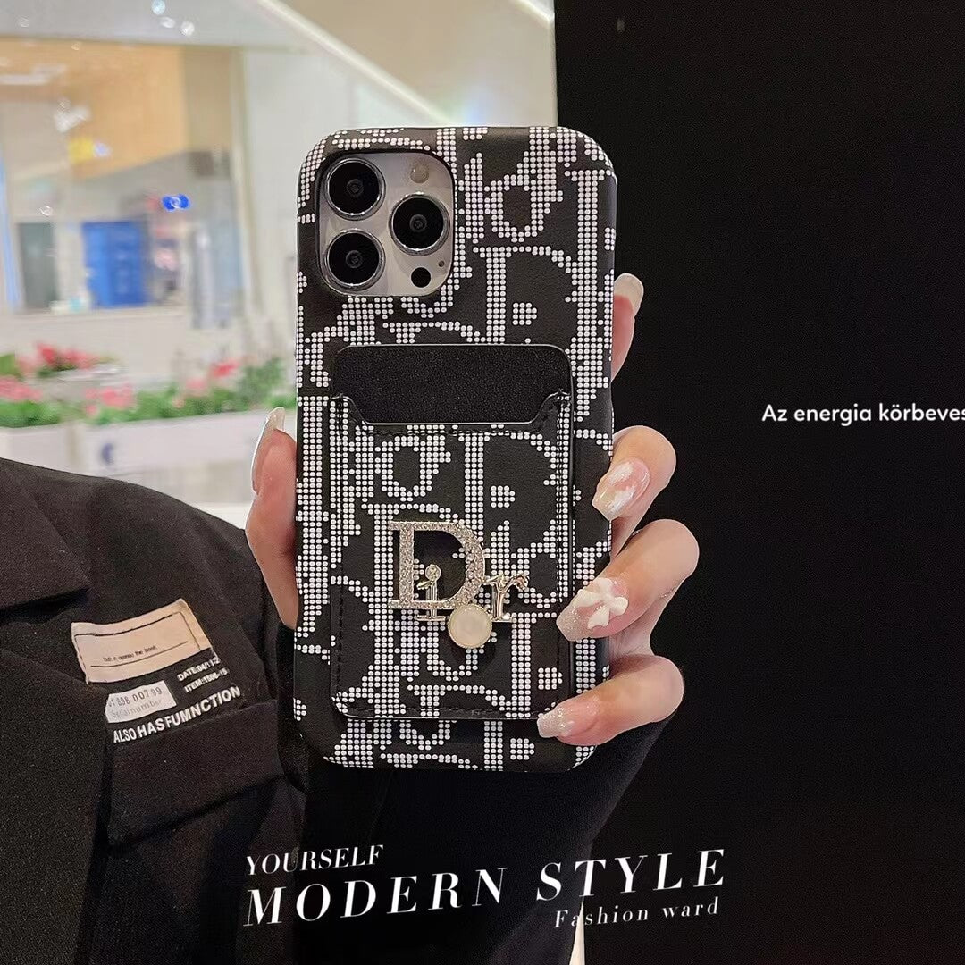 Dior-inspired patterned card pocket case for iPhone 16 Pro Max
