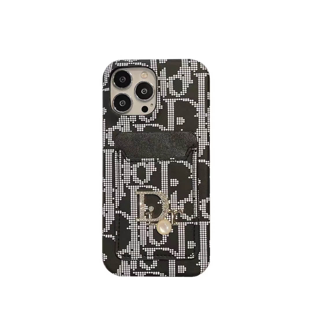Dior-inspired patterned card pocket case for iPhone 16 Pro Max