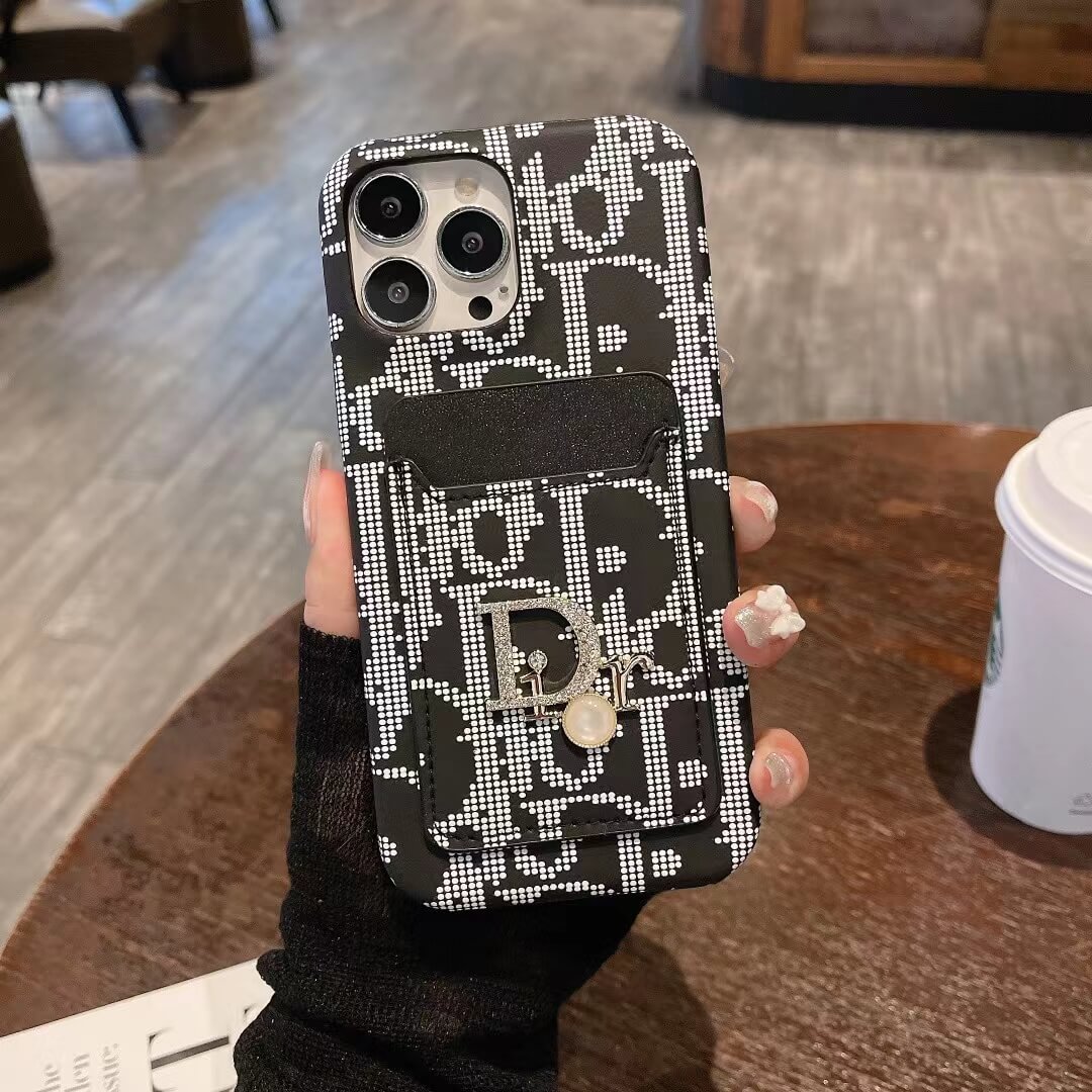 Dior-inspired patterned card pocket case for iPhone 16 Pro Max, black