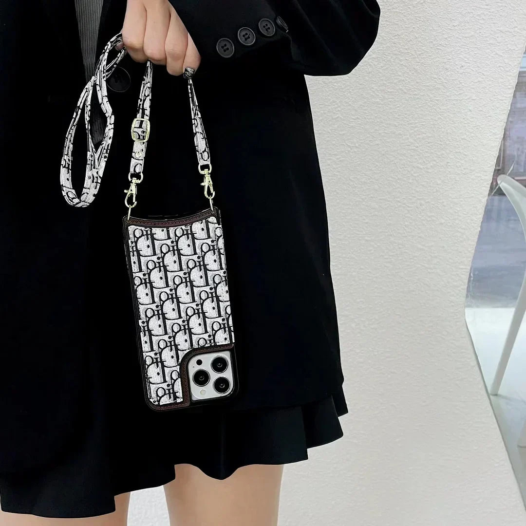 Dior-inspired all-over pattern iPhone case with lanyard
