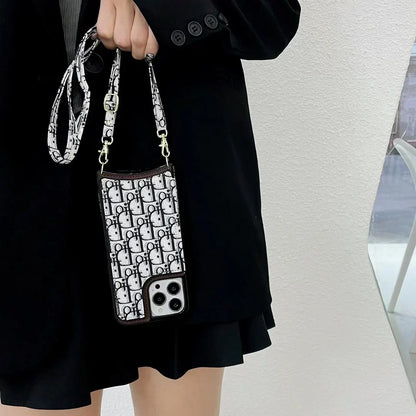 Dior-inspired all-over pattern iPhone case with lanyard