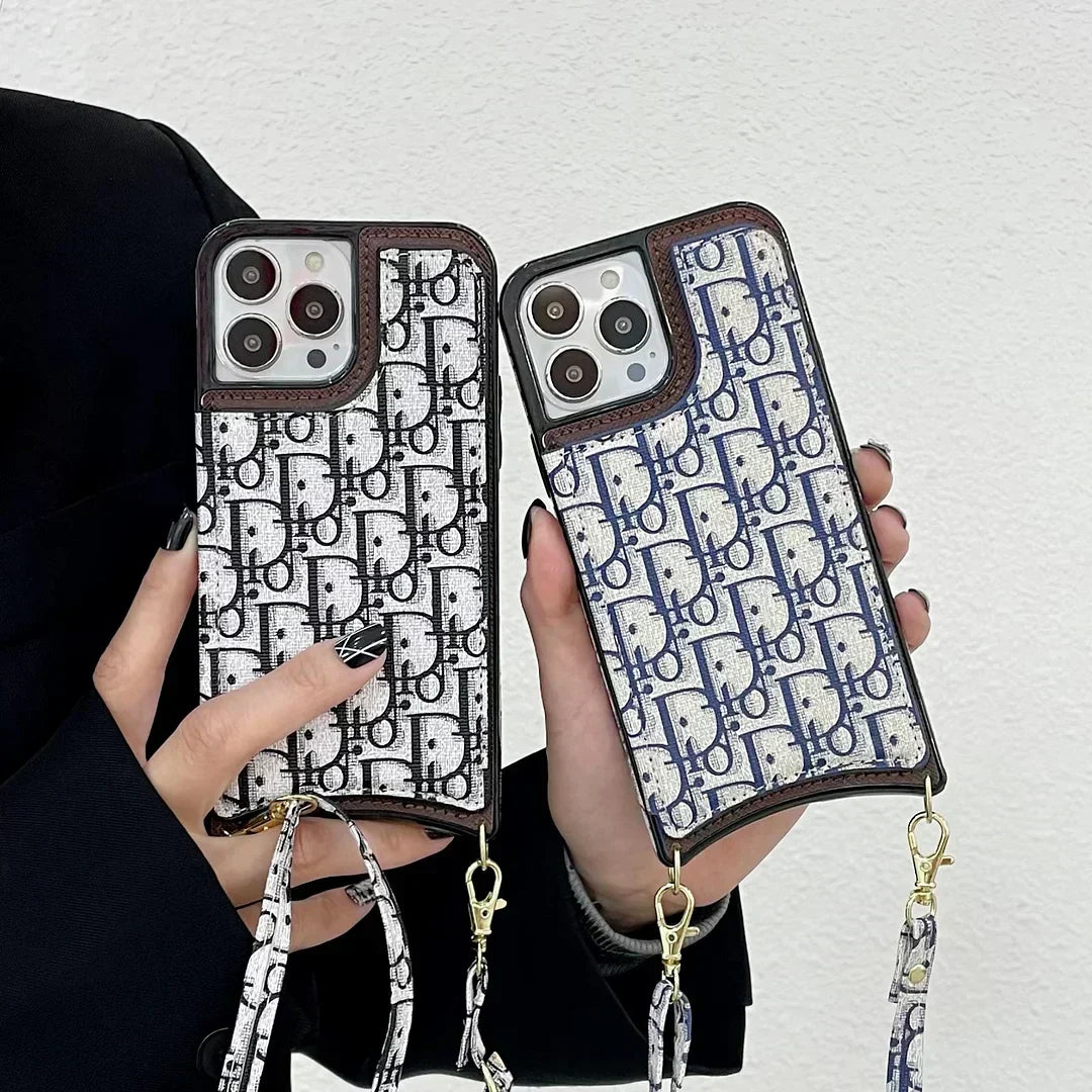 Dior-inspired all-over pattern iPhone case with lanyard