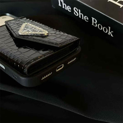 Prada-inspired elegant apple phone case with card holder for iPhone 17 / 16 / 15 / 14