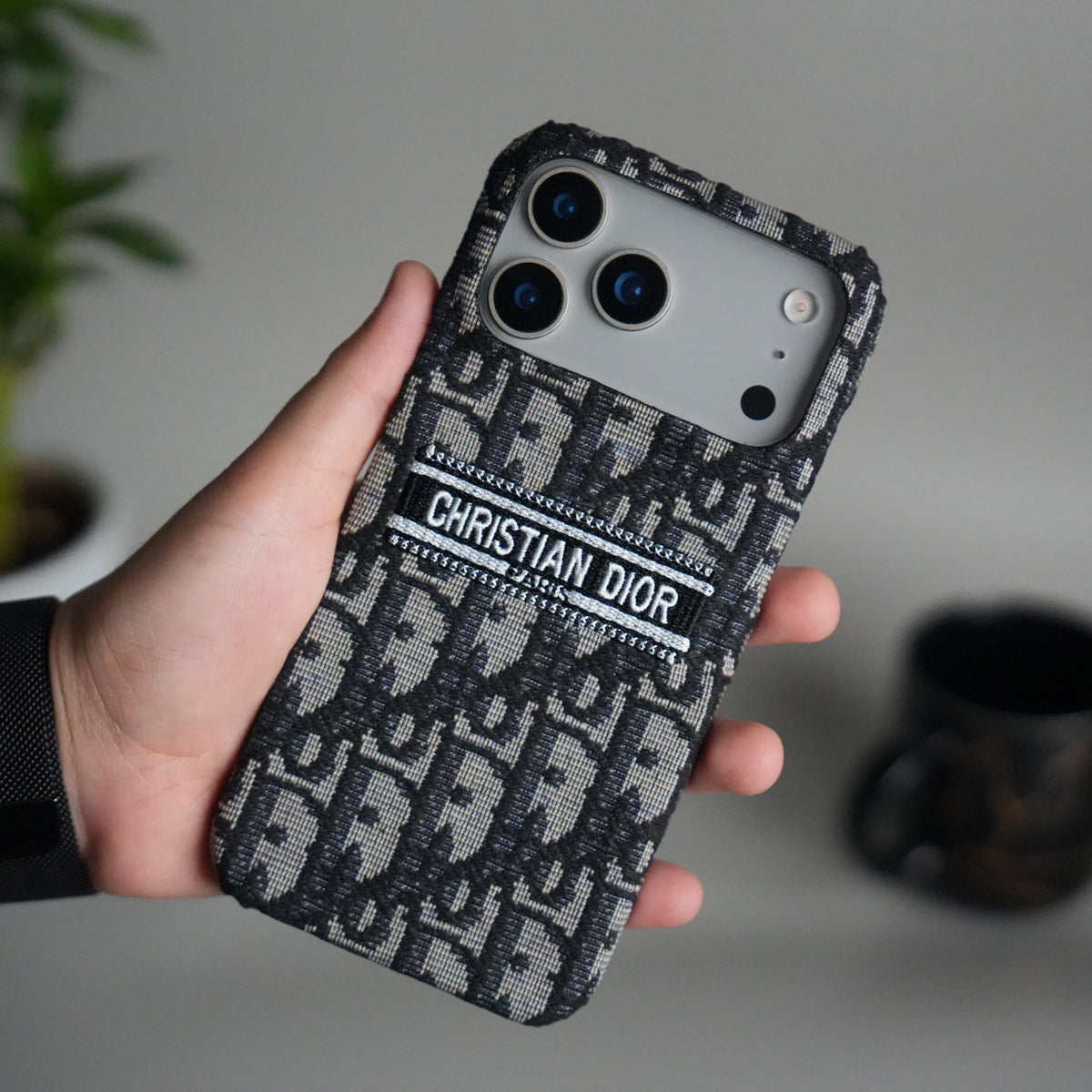 Dior-inspired patterned iPhone case, black