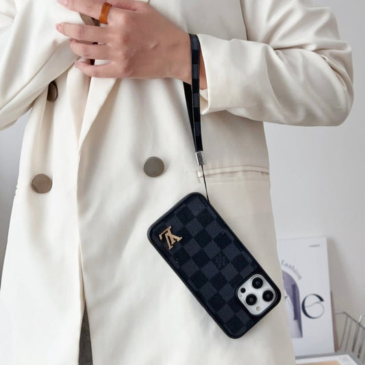 Louis Vuitton-inspired iPhone case with hand strap