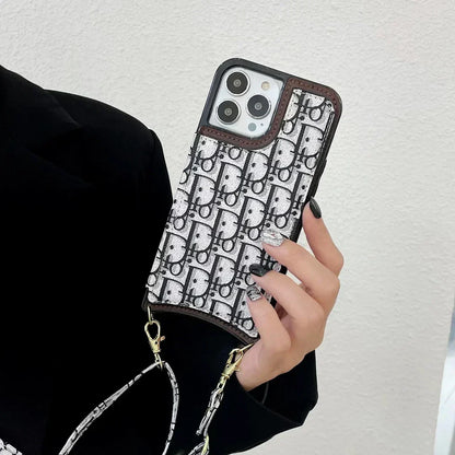 Dior-inspired all-over pattern iPhone case with lanyard
