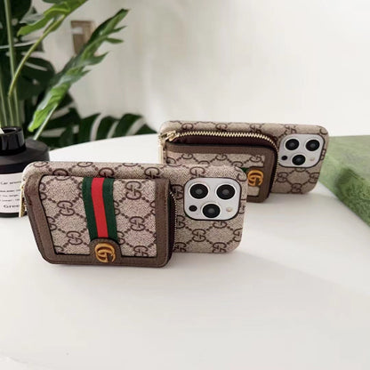 Gucci-inspired monogram phone case with card holder and zip pouch