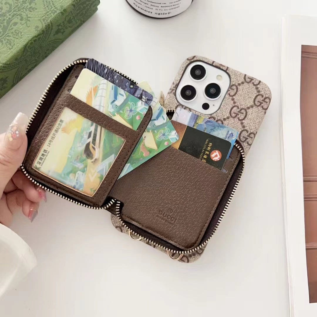 Gucci-inspired monogram phone case with card holder and zip pouch