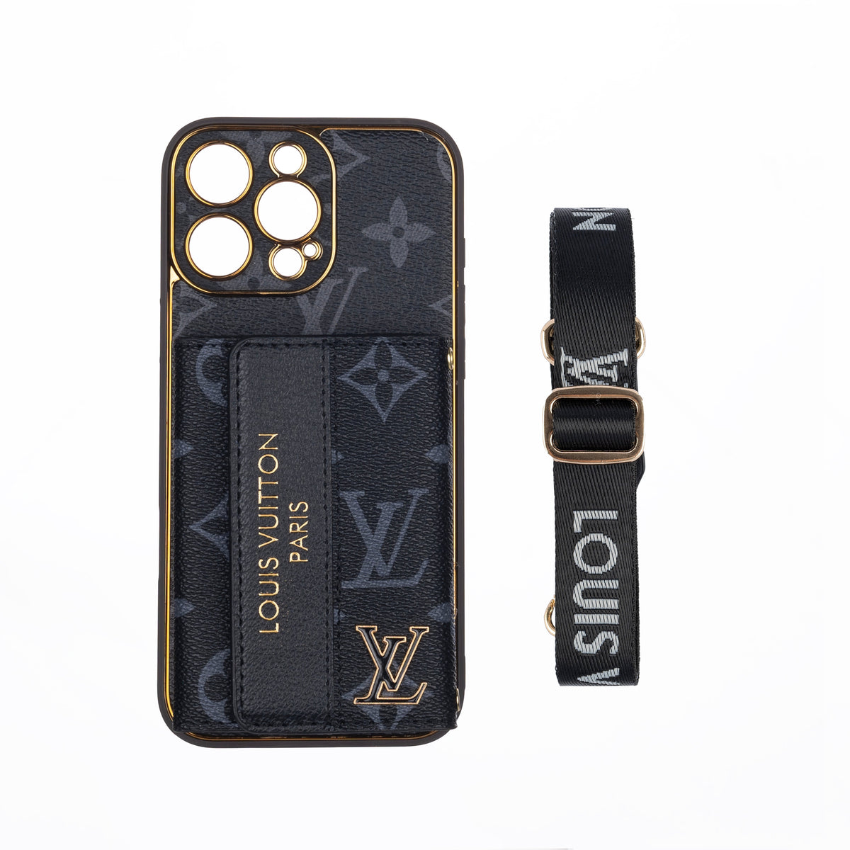 Louis Vuitton-inspired leather iPhone case with card holder and strap