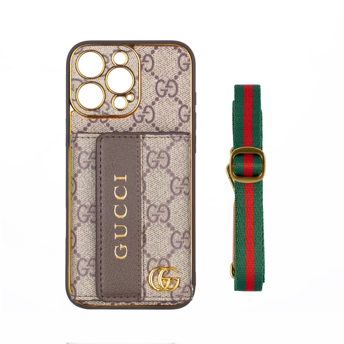 Louis Vuitton-inspired leather iPhone case with card holder and strap