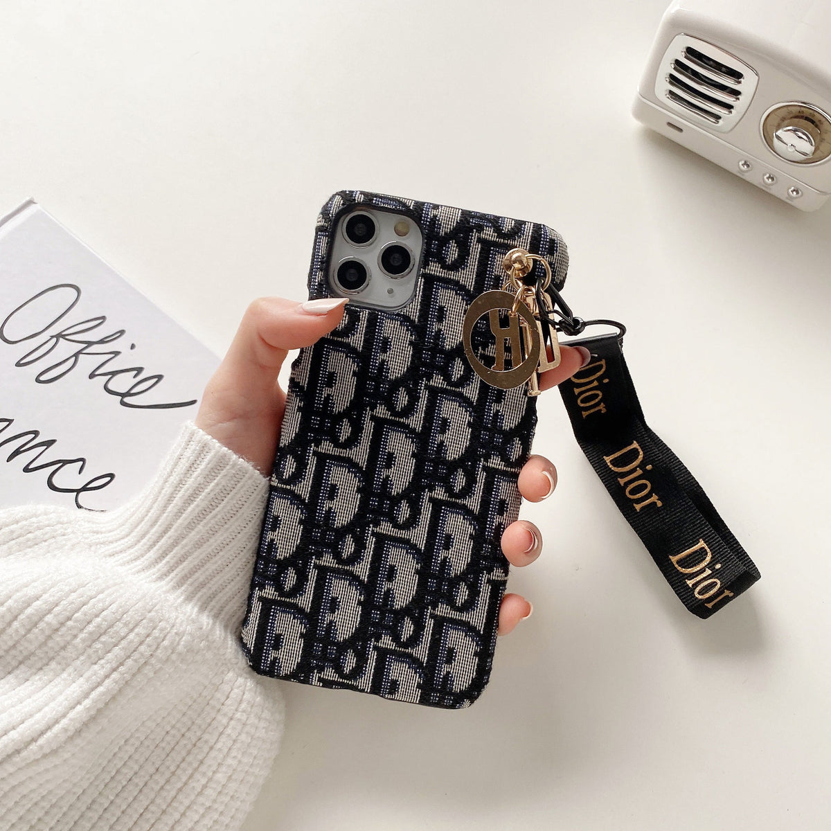 Dior-inspired lady phone case with strap