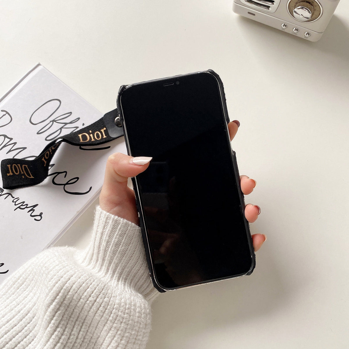 Dior-inspired lady phone case with strap