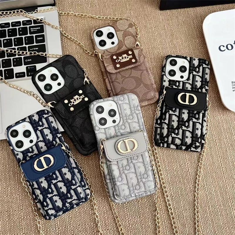 Dior-inspired women's iPhone case with card holder and chain