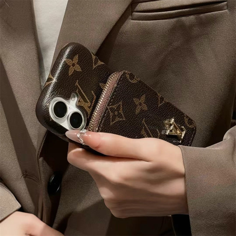 Louis Vuitton-inspired monogram leather iPhone case with card holder